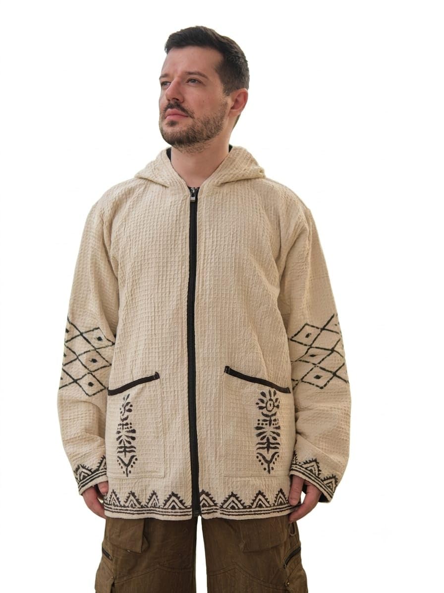 Crystal Heal Avara Waffle Cotton Hooded Jacket for Men & Women | Hand Block Printed Boho Tribal Zip-Up Hoodie | Lightweight Breathable Festival Travel Casual Jacket with Pockets | Unisex-image-0