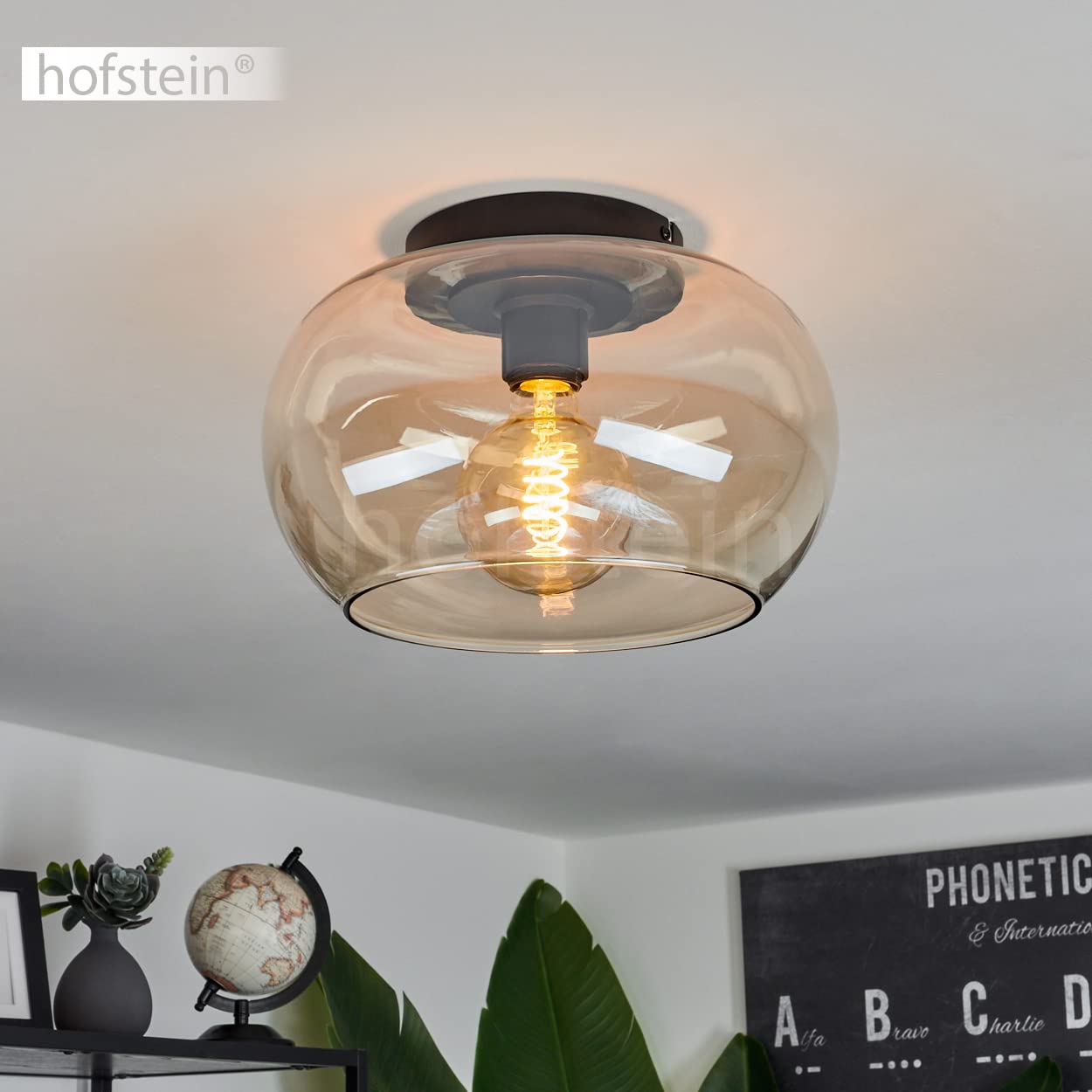 Lampada da soffitto Molloy, lampada da soffitto moderna in metallo/vetro in nero/ambra, lampada a 1 luce dal design retrò/vintage con paralume in vetro (Ø 31 cm), 1 x E27, senza lampadina/e