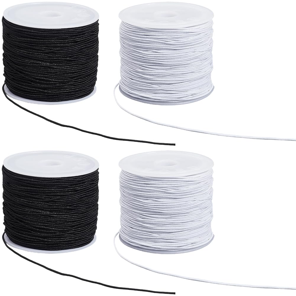 PONABEADIY 4 Rolls 0.6MM 148 Yards Elastic Stretch String Cords Round Sturdy Black White Soft Fibre Thread Arts Beading Sewing Accessories Cord Bulk