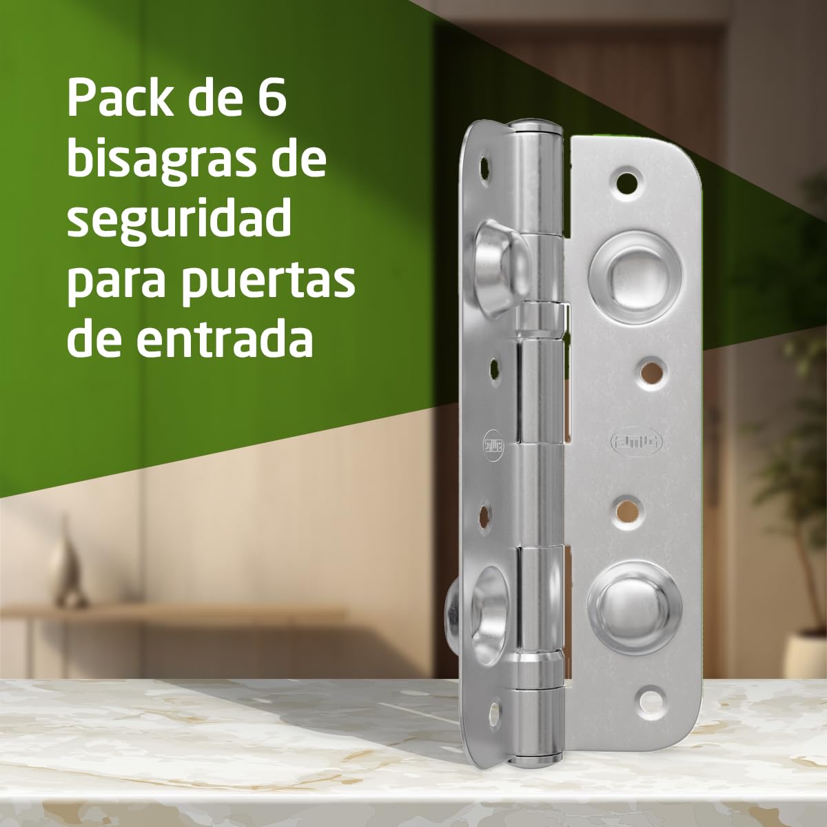 Amig - Pack de 6 Bisagras de Seguridad, Para Puertas de Entrada, Sistema Antipalanca, 150 x 82 x 3 mm, Cantos Redondos, Acero, Plateado mate
