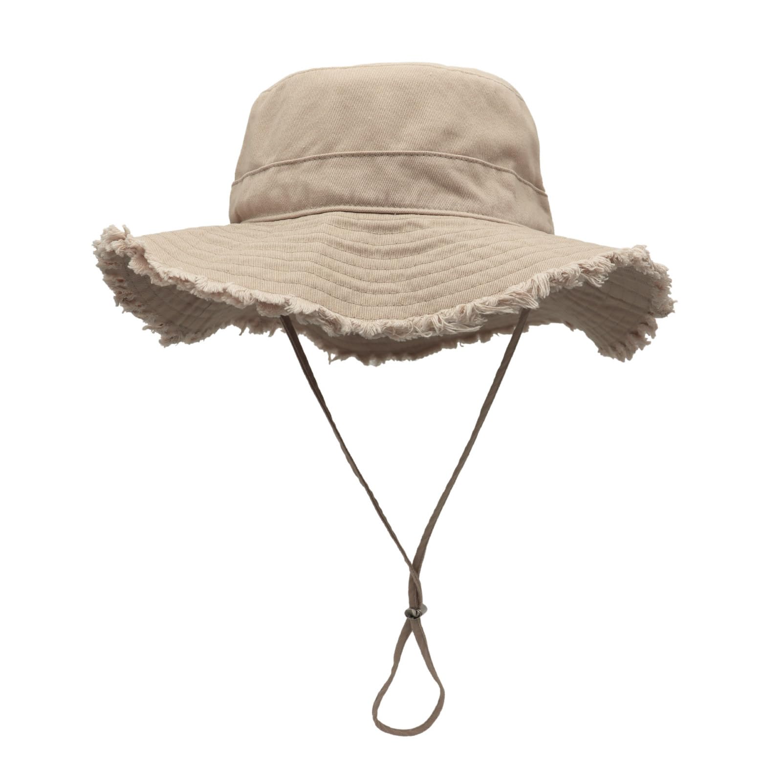 Asukohu Unisex Light Brown Frayed Edge Design Fisherman Hat With Adjust Chin Rope Anti-Uv For Adult Teenagers Wide Brim Bucket For Women Sunproof Color Cotton Breathable Hats For Teens