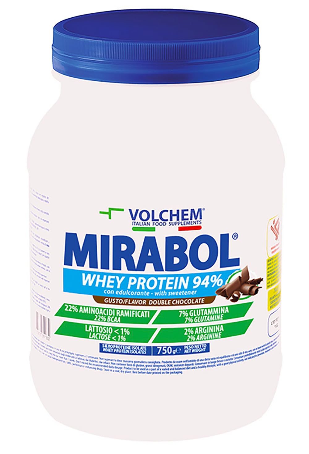 Volchem Mirabol Whey Protein 94, Integratore Alimentare con Proteine del Siero del Latte, 22% Aminoacidi Ramificati, con Arginina e Glutammina, Barattolo con Polvere Solubile, Double Chocolate, 750 g