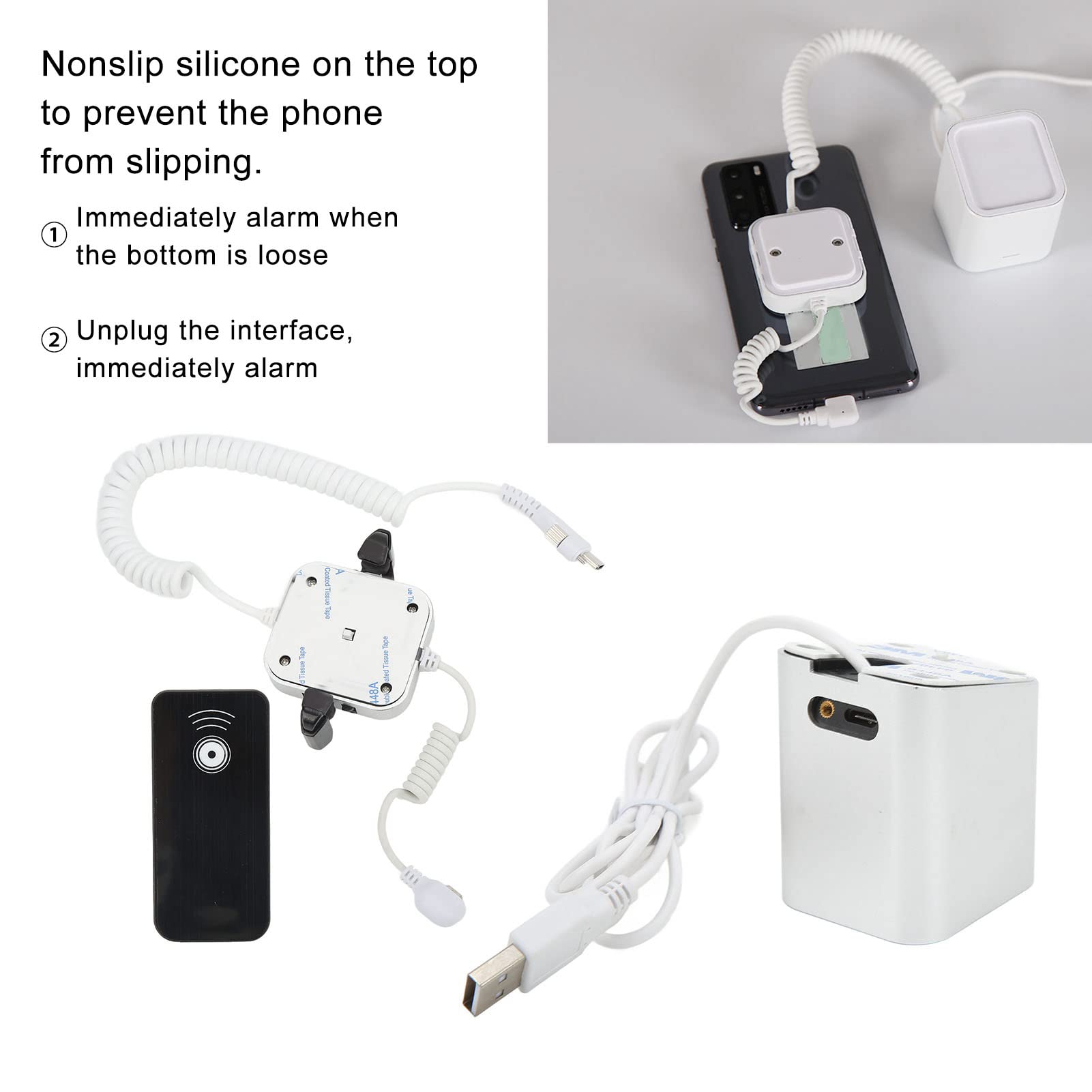 Soporte de exhibición, soporte antirrobo, alarma de seguridad de 95 a 120 dB, descarga de control remoto infrarrojo de carga rápida para exposición (para puerto Android, sin garra) 6