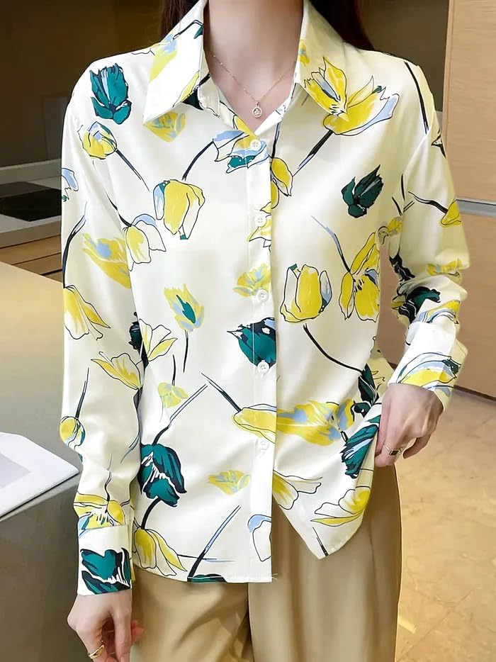 Printed Button Down Satin Blouses for Women Dressy Casual Long Sleeve Shirts Fashion Tops (WS301-P) - Image 2