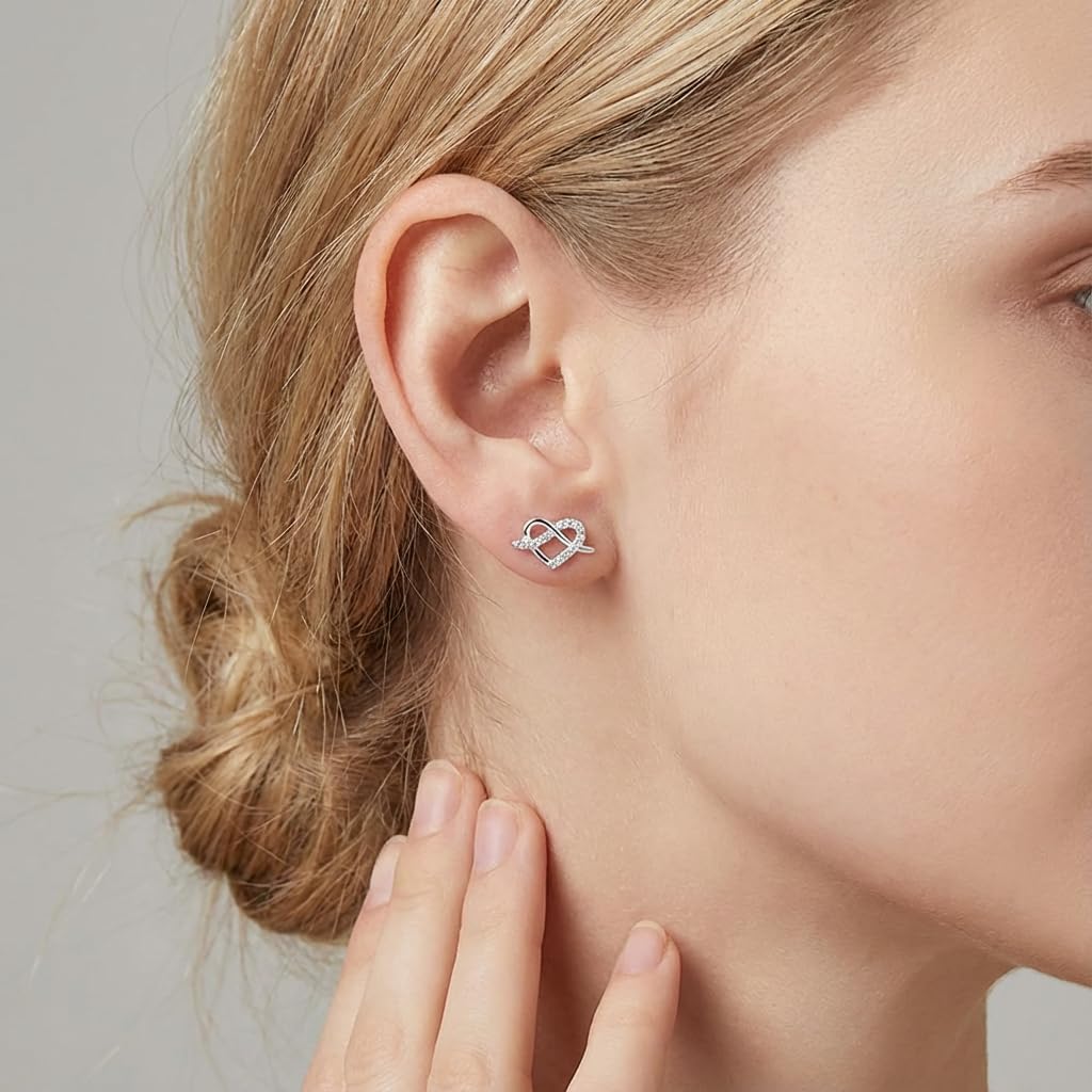 Reffeer Solid 925 Sterling Silver CZ Infinity Heart Stud Earrings for Women Teen Girls Love Heart Stud Earrings - Image 3