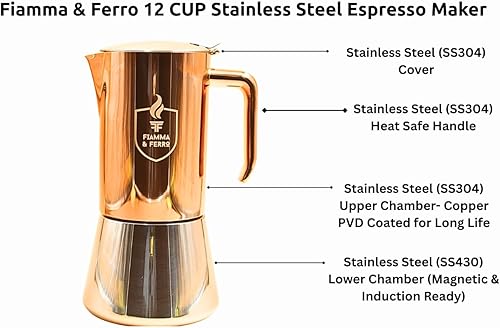 Miniatura 9 de FIAMMA & FERRO Máquina de café expreso para estufa, 12 tazas (20z), acero inoxidable de alta calidad con acabado PVD de cobre, compatible con