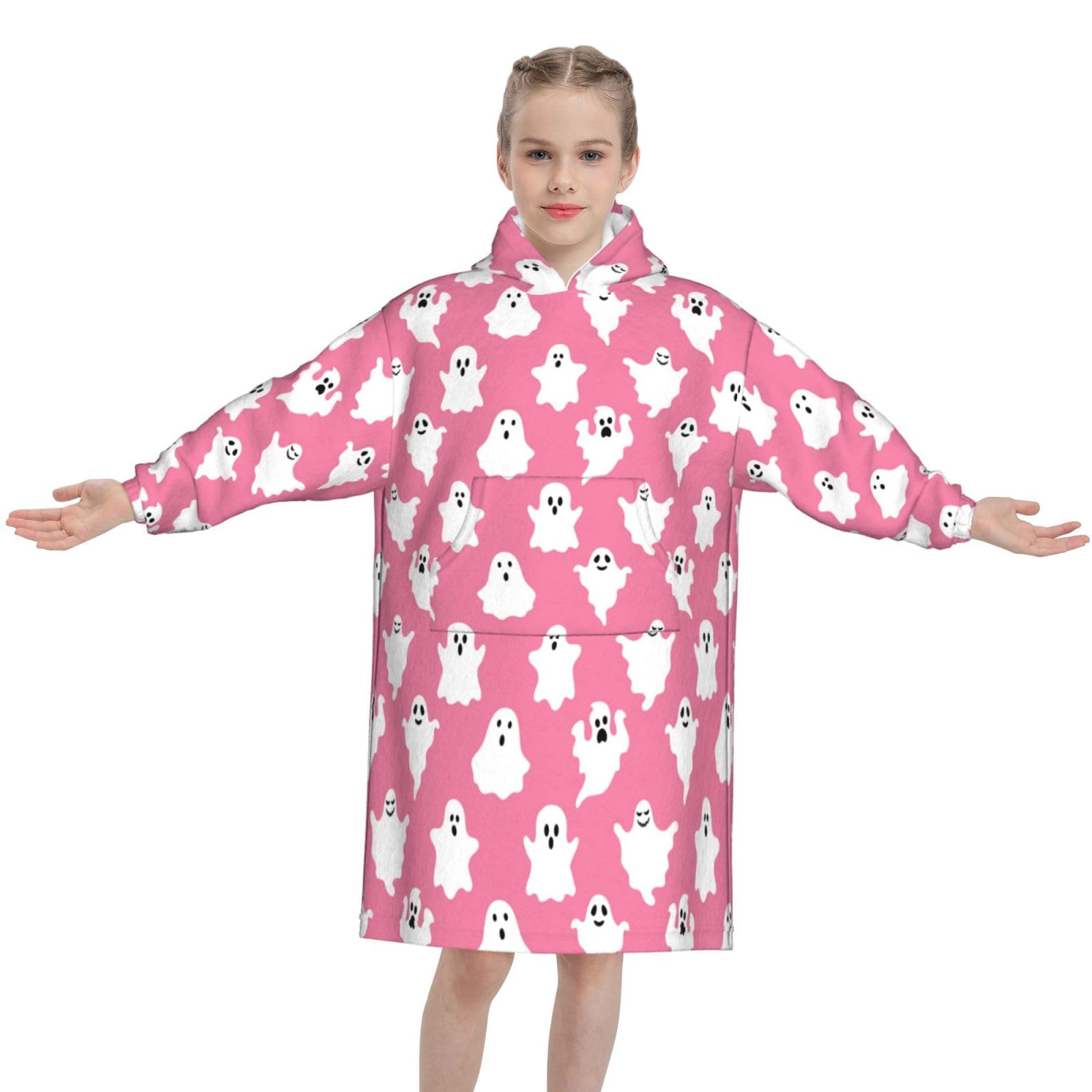 Halloween Pink Ghosts Spooky Wearable Blanket Hoodie for Kids, Oversized Flannel Fleece Sweatshirt, Cozy Blanket Hoodie with Pocket, Gift for Girls Boys Teens