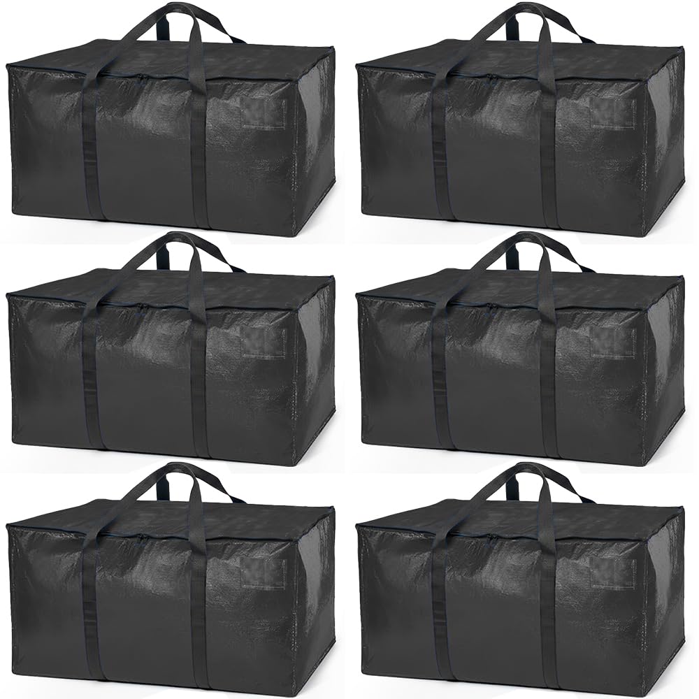 ClearSpace Heavy Duty Moving Bags or Storage Bags – Black Storage Bins with Lids, Large Moving Boxes with Backpack Straps & Zippers,– Packing Box & Moving Supplies for College Dorm, 6 Pack