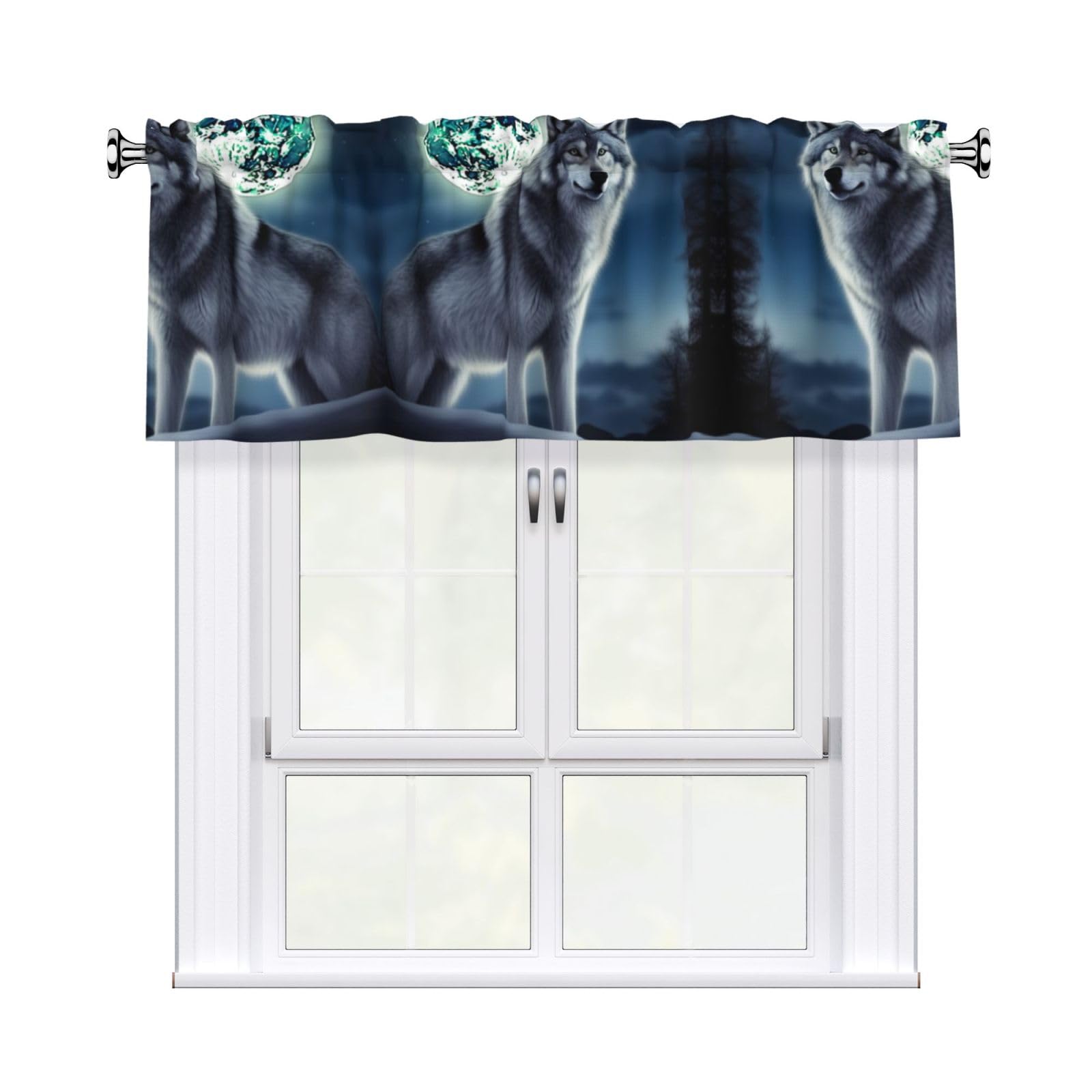 LMNGH Wolf Under Moon Curtain Valance for Windows,Kitchen Window Curtains Blackout Drapes Window Treatments Decorative Rod Pocket Short Curtain for Living Room Bedroom,54" W x 18" L