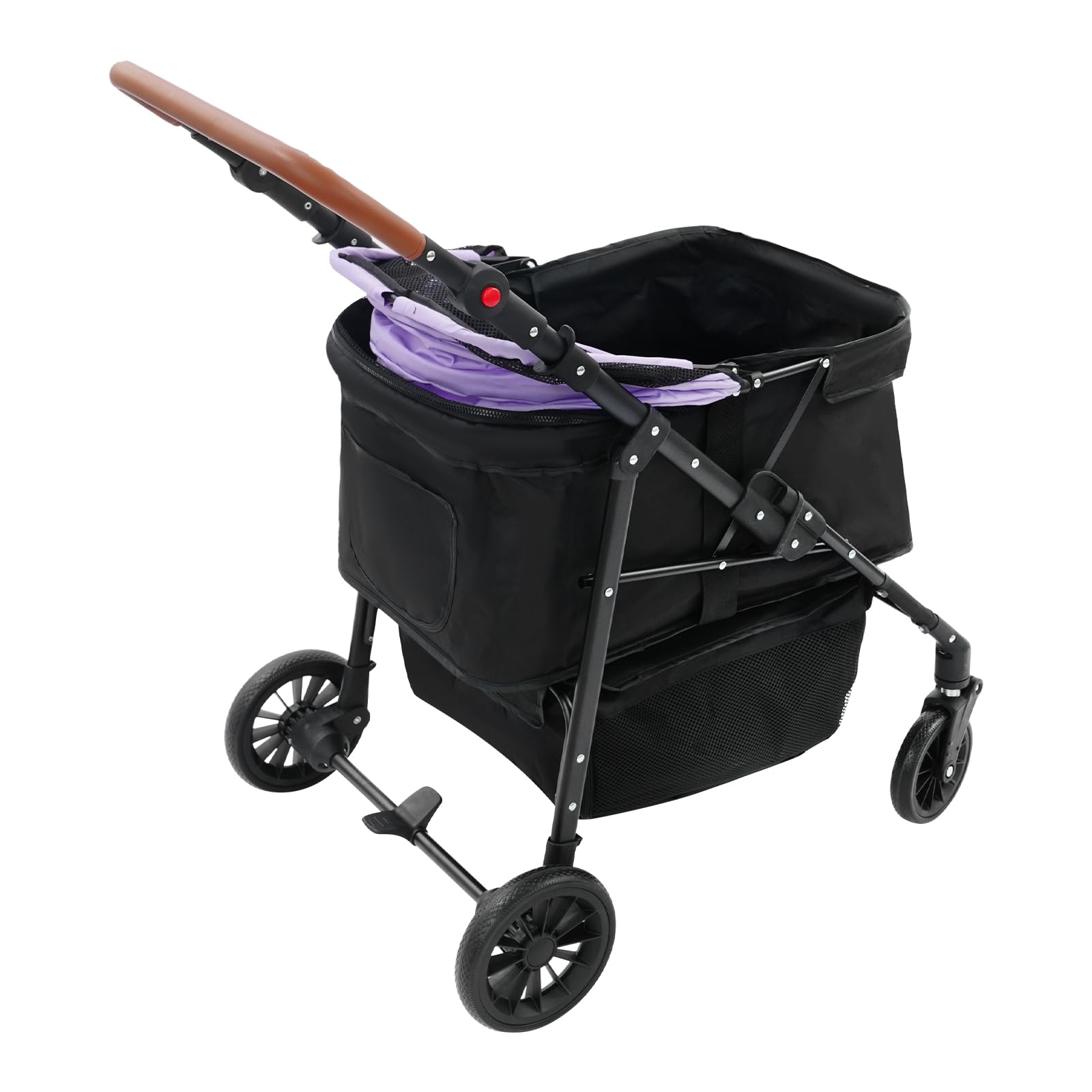 Carrello per cani 2 in 1, pieghevole con due scomparti separati, passeggino per animali domestici fino a 15 kg, con manico regolabile, per cani di piccola taglia e gatti (nero + viola)