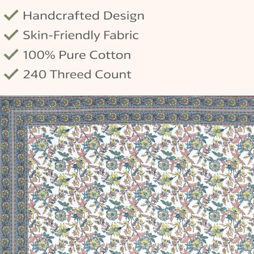 Image of elanorhomes 100% Cotton 240 TC Single Bed Sheet Set | Floral Hand Printed Bedsheet with Pillow Cover | Soft Breathable Fabric for Bedroom | 60x90 Inches (Rose Azure)