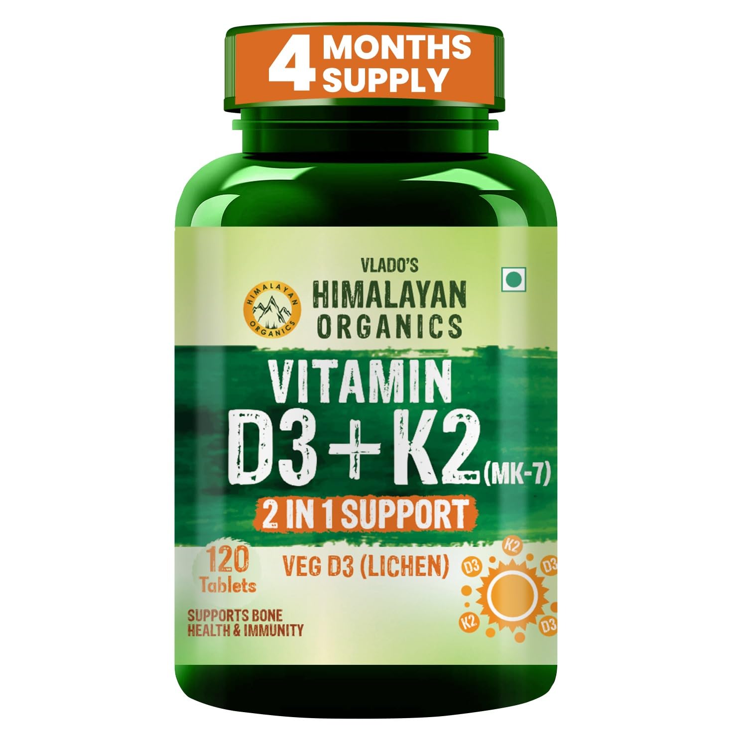 Vitamin D3 with K2 As MK7 Supplement- 120 Veg Tablets