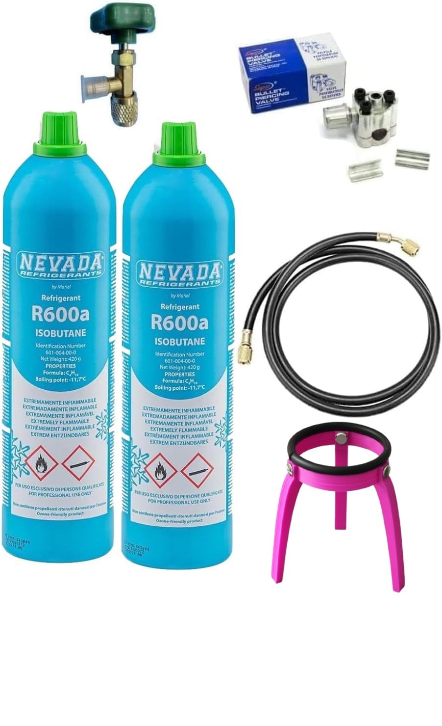 Kit reparación recarga frigorífico congelador con 2 R600a de 420 g + grifo salida 1/4" M + tubo con premispillo + válvula perforadora para tubo de cobre