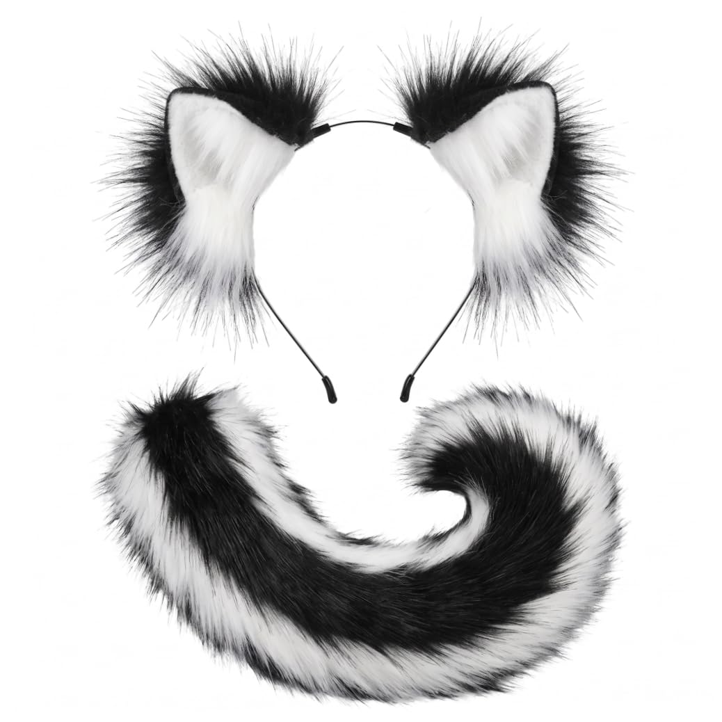 Syutokul Puppy Ears & Tail Set Soft Furry Costume Black/white 21.6in Tail