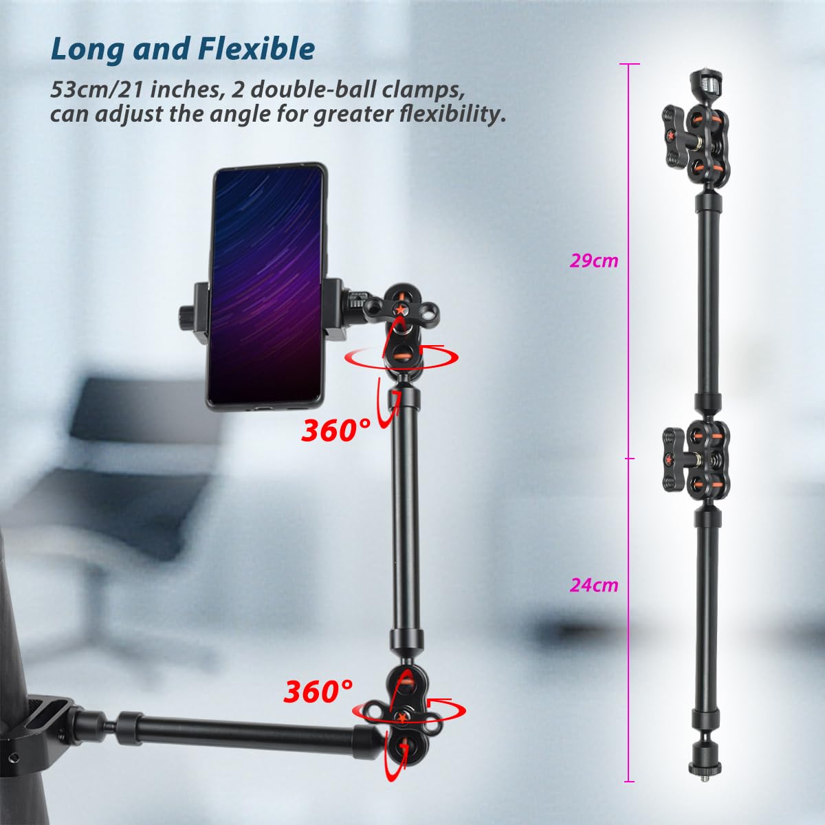 Brazo mágico ajustable de 53 cm con súper abrazadera, soporte de teléfono superior, soporte y abrazadera de cámara de escritorio resistente, brazo de fricción articulado para luz, cámara web
