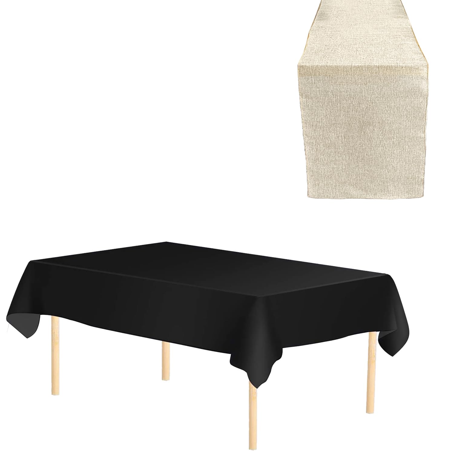 WedDecor 2pcs Cream Hessian Table Runner with Black Tablecloth Set