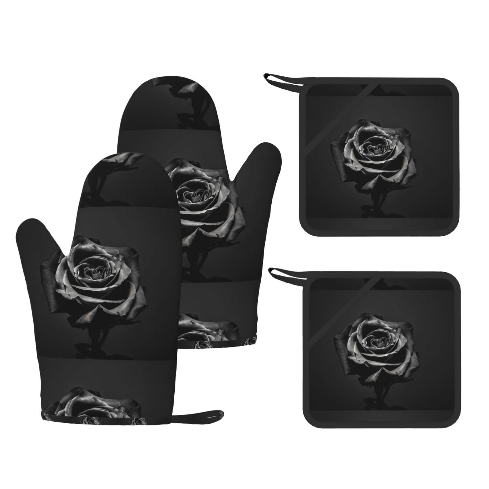 Ensemble de Quatre Gants et maniques résistants à la Chaleur, Gants de Cuisine antidérapants, maniques de Four, Motif Fleurs Noires