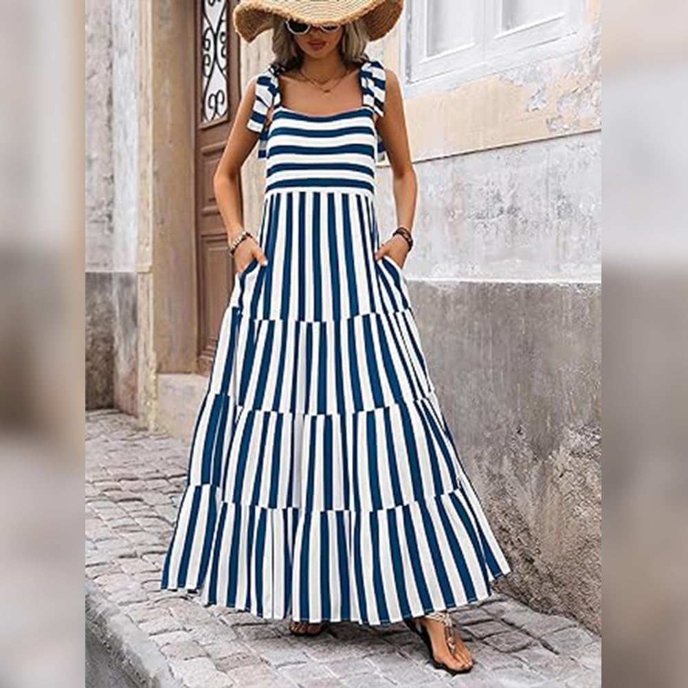ABEWIP Spaghetti Strap Dresses for Women 2024 Summer Stripe Abstract Print Backless Boho Tiered Maxi Sundress