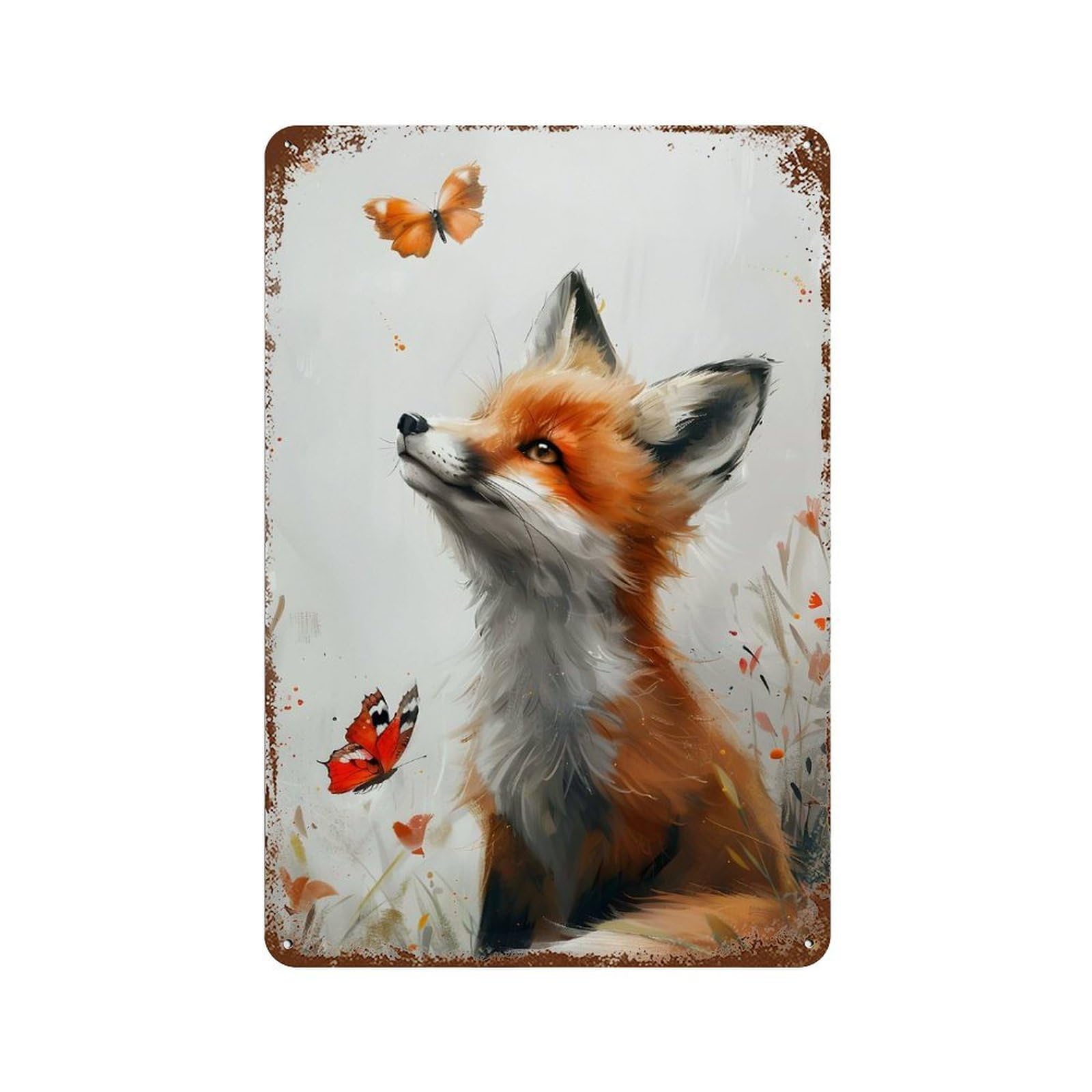 Fox And Butterfly Decorative Tin Sign 11.8"x7.9", Vintage Wall Decor for Basement, Hobby Room And Garage Decor