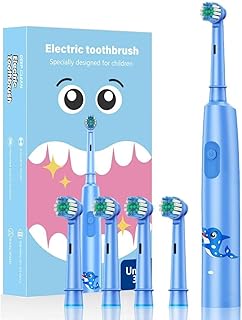 Elektrische Zahnbürste Kinder ab 3-6-8-12, Rotierende Schallzahnbürste Kinder mit Timer, Kinderzahnbürste Elektrisch, 3 Reinigungsmodi, Wasserdicht, 4 Weiche Borsten, Rotierender Bürstenkopf (blau)