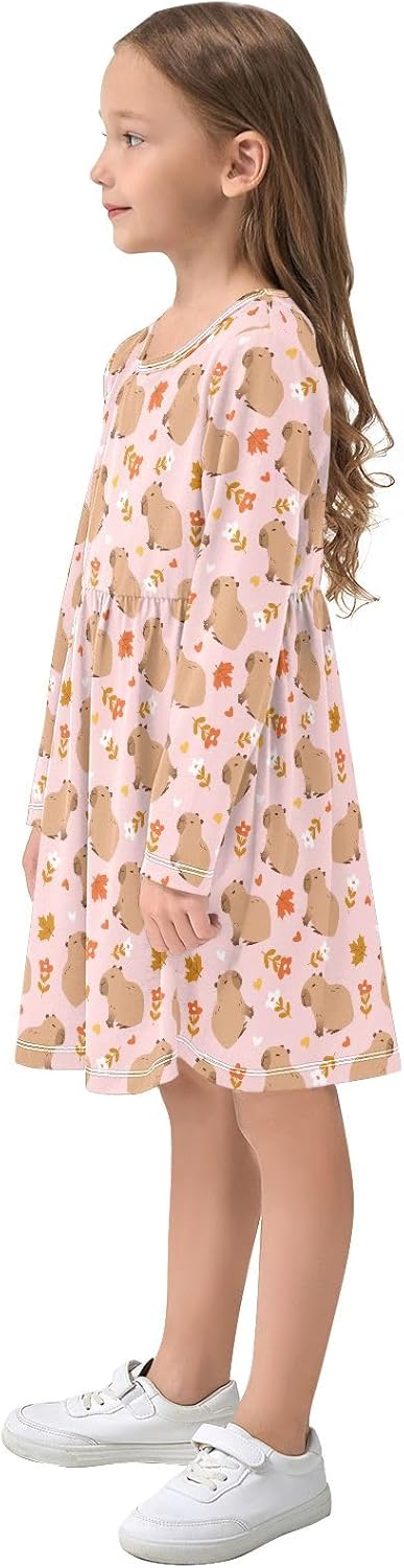 Toddler Girl Dresses Daisy Cute Capybara Long Sleeve A-line Casual T-Shirt Dress - Image 5