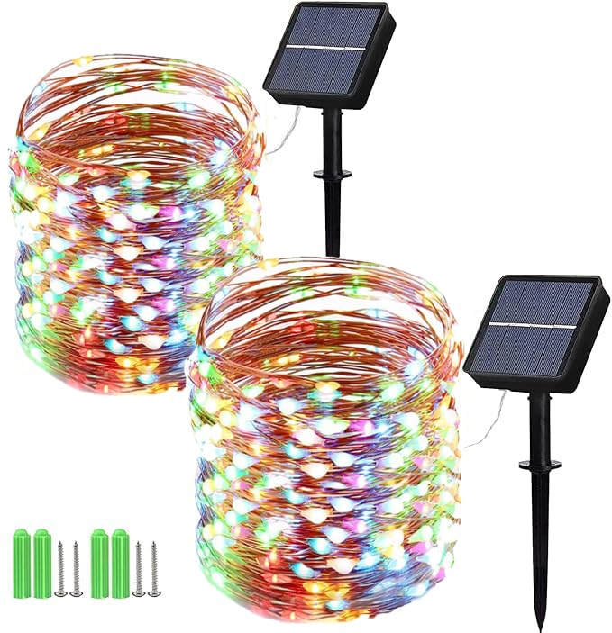 Geemoo 2 Pezzi Luci Esterno Solare 15M 150 LED, Catena Luminosa di Filo di Rame, Luci Stringa Energia Solare, 8 Modalità, Luci Natale Decorative per Giardino Natalizie Albero (Colorate)