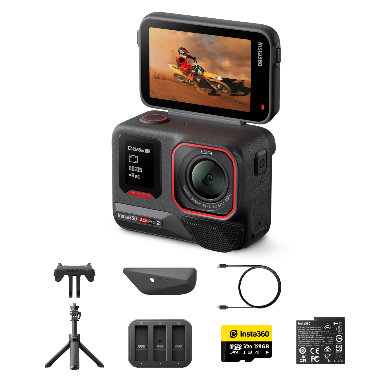 Insta360 Ace Pro 2 Pack Creatori - Action Cam Impermeabile in 8K co-ingegnerizzata con Leica, sensore 1/1.3", doppio chip IA, superba in bassa luce, audio superiore.