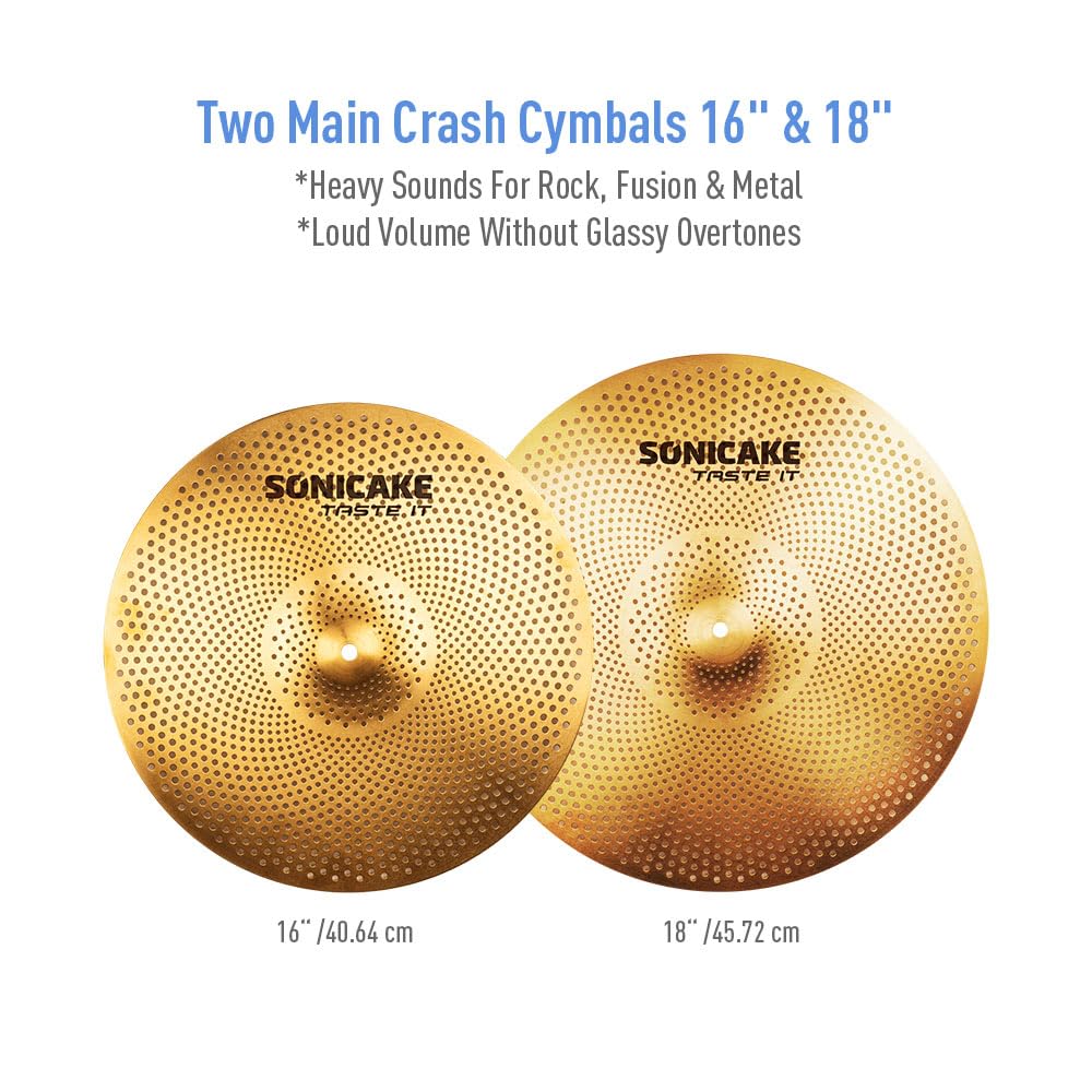 SONICAKE Set Piatti Basso Volume 14" HiHat 16" Crash 18" Crash 20" Ride Dorato 5 pezzi con borsa