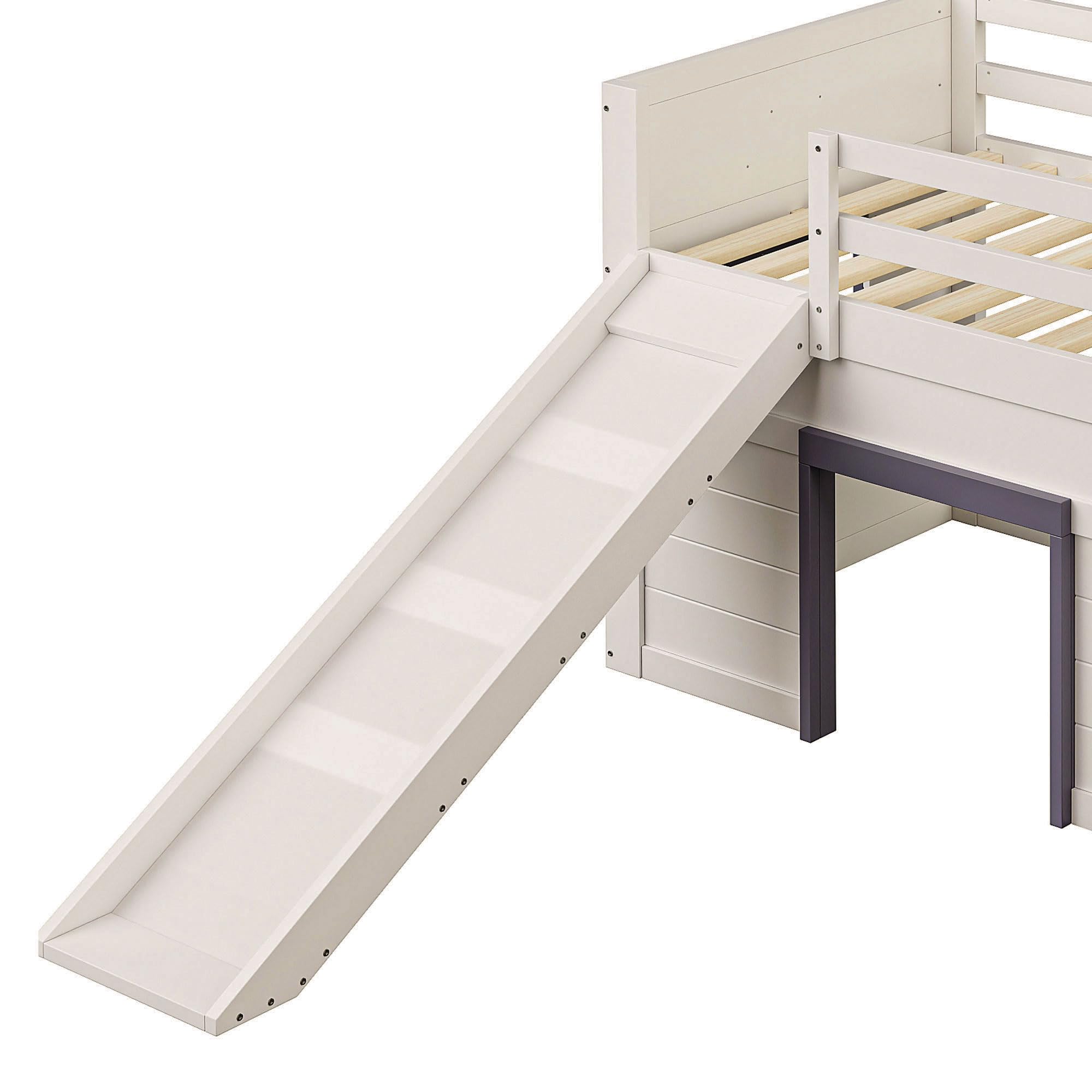 Merax Kinderbett 90x200 Funktionsbett Kinder Hochbett mit Rutsche, Stauraum, Unterhaltungsbereich unter dem Bett - Holzbett mit Lattenrost, Leiter und Rausfallschutz, Kiefer, ohne Matratze, Creme