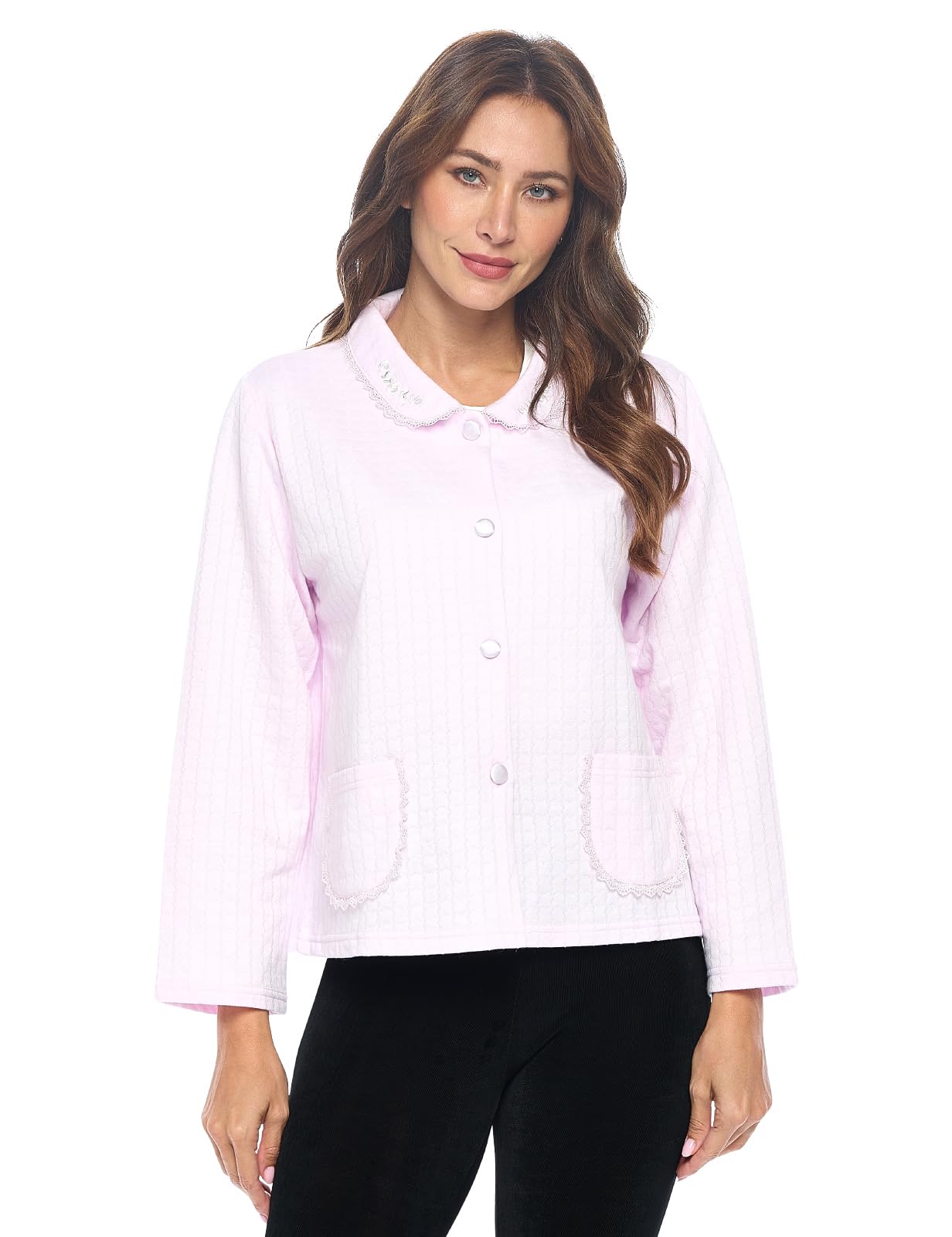 Casual Nights Women's Soft Bed Jacket, Button Front Long Sleeve Sleep Top with Pockets