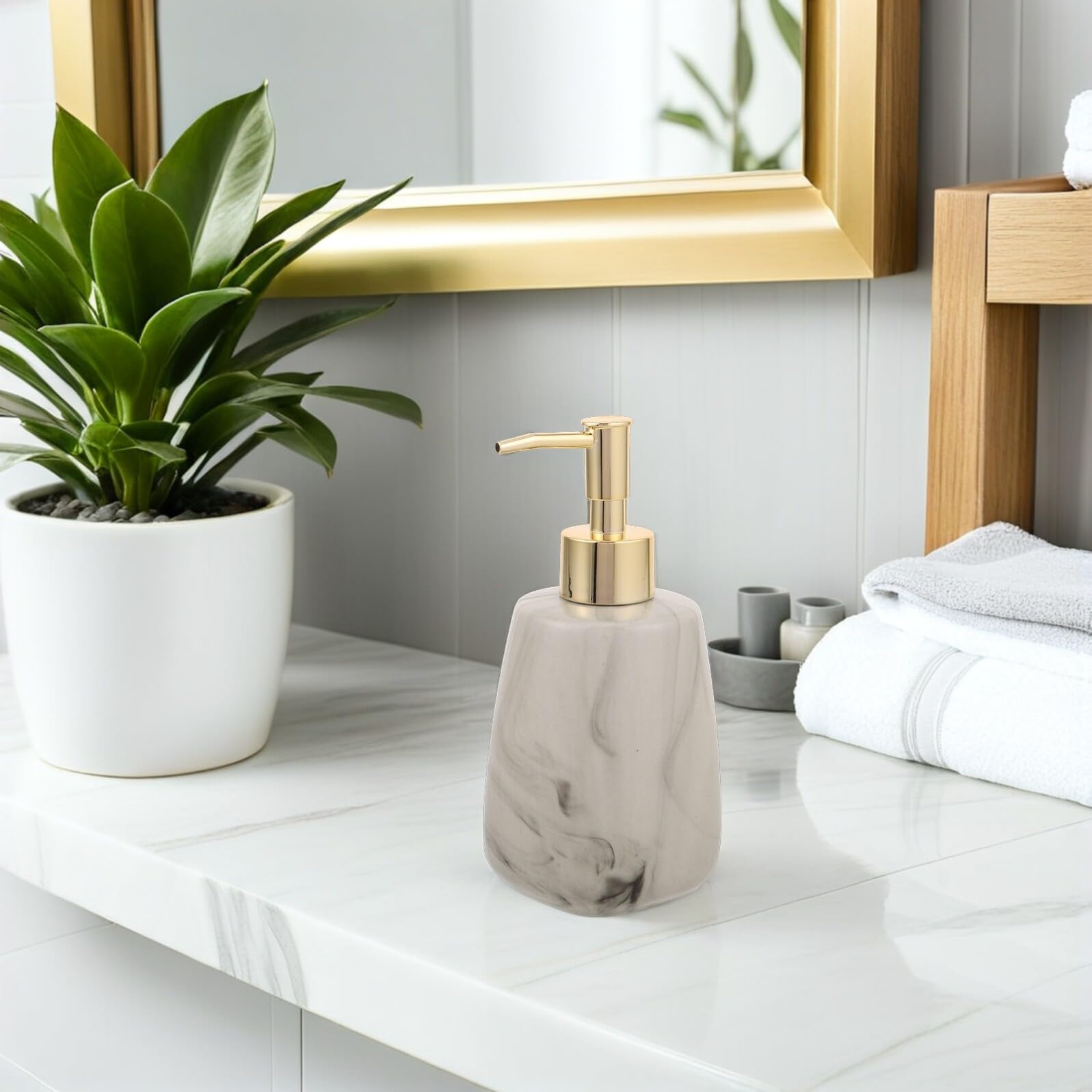 Didiseaon Dispensador de Jabón de Cerámica Estampado Mármol, Botella Cuadrada de 350 Ml para Baño y Cocina, Dispensador Líquido Recargable para Gel, Champú y Loción, Diseño Moderno