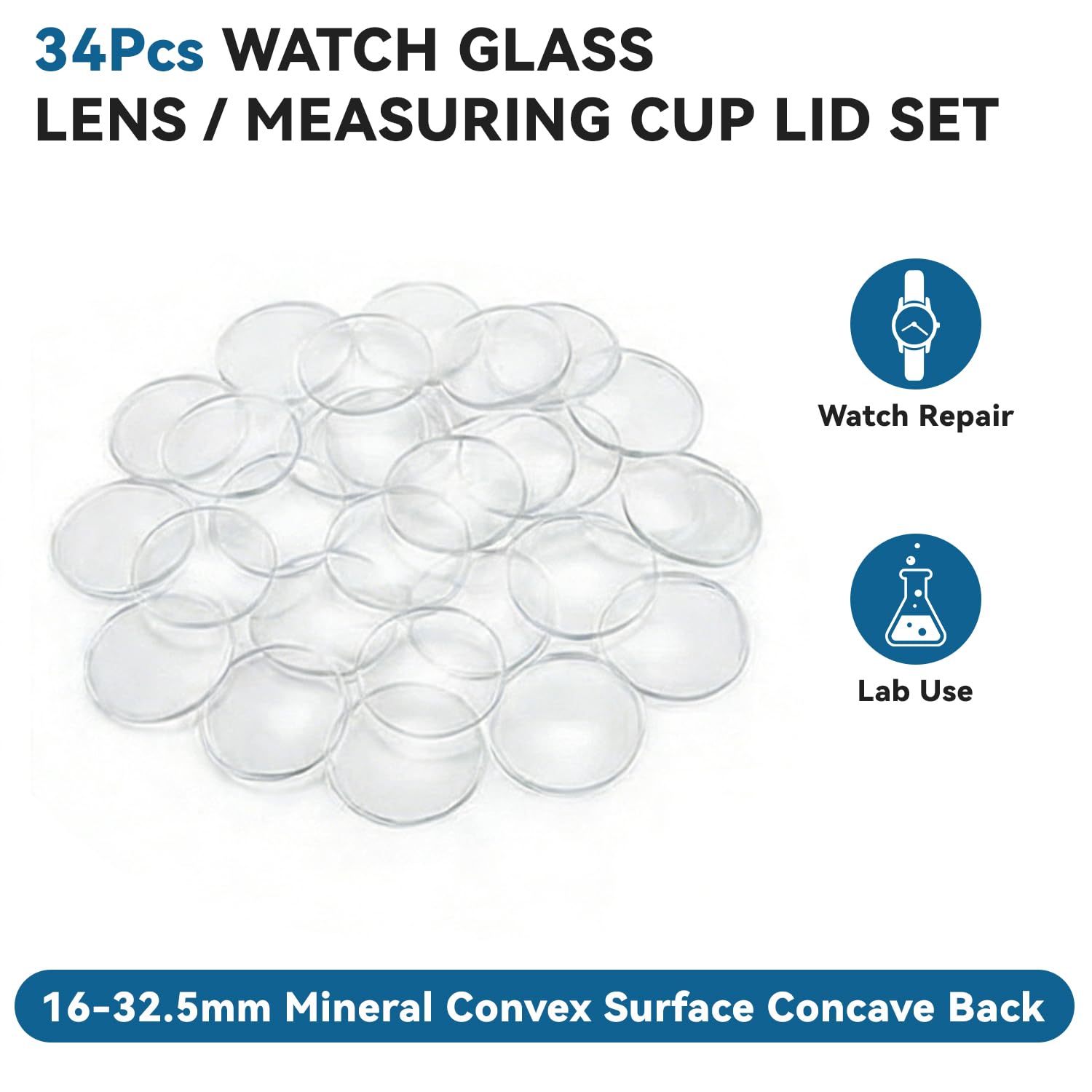 Kit di lenti in vetro per orologio da 34 pezzi Vetro minerale convesso concavo ad posteriore per coperchi di misurini da laboratorio e riparazione di orologi (16 x 35 mm)