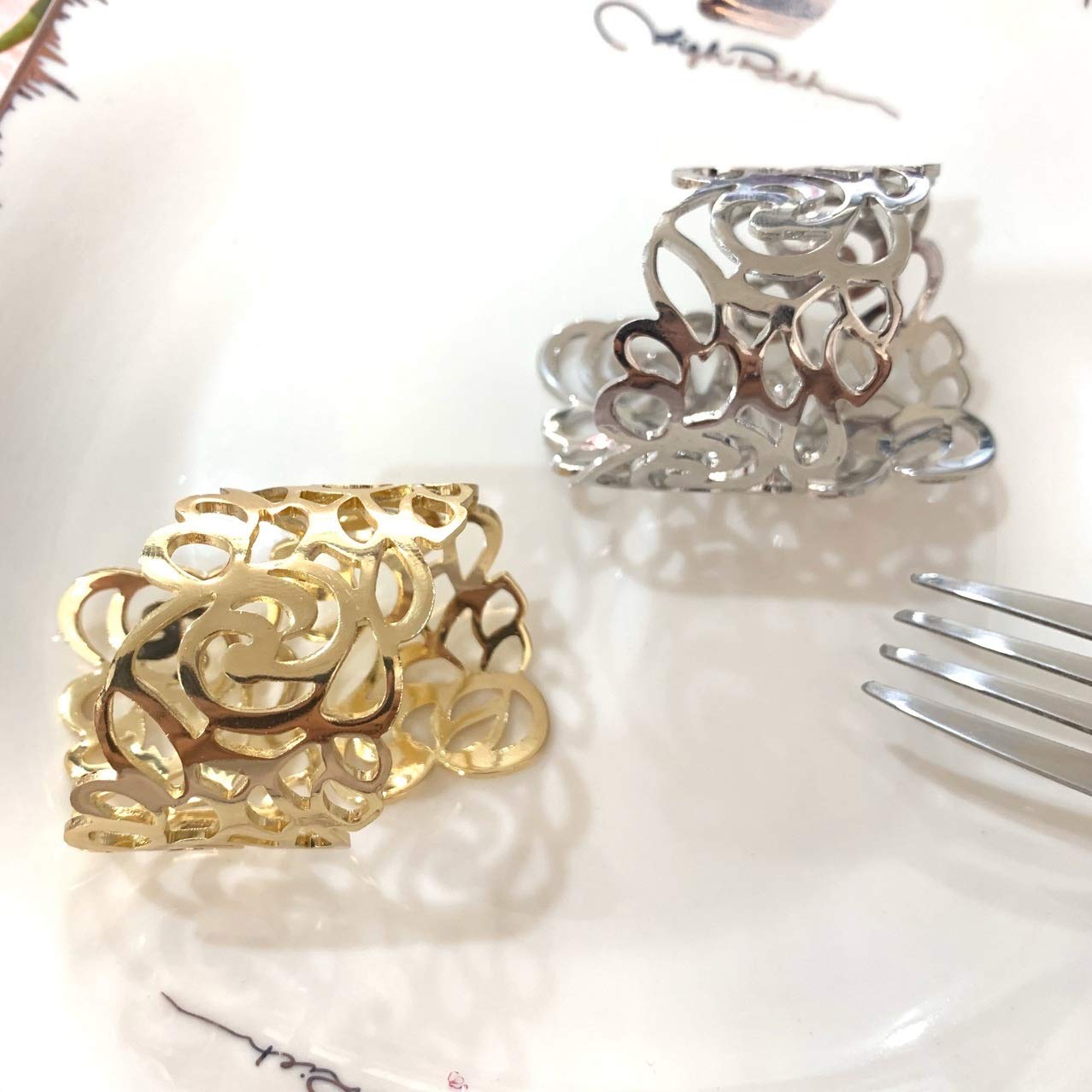 12 Uds. De servilleteros de Boda con patrón Trasero, decoración de Mesa, reuniones Familiares Huecas, Uso Diario, servilletero, Hebilla (Plata)