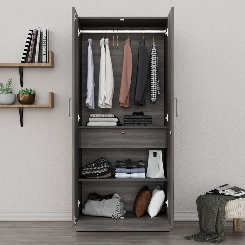 Wakefit Wardrobe | 1 Year Warranty | Engineered Wood Almirah, Cupboard for Clothes Storage | 2 Door, Drawer, 1 Hanging Space | Gingham - Dark Brown