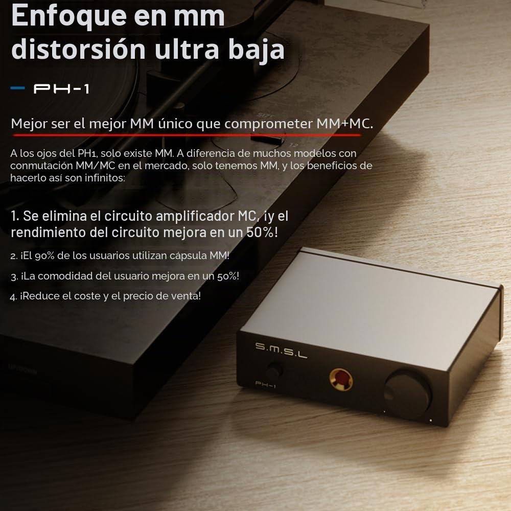 SMSL PH-1 - Preamplificador de Audio de Alta fidelidad con Soporte MM/MC, DAC USB Integrado para reproducción de Vinilo