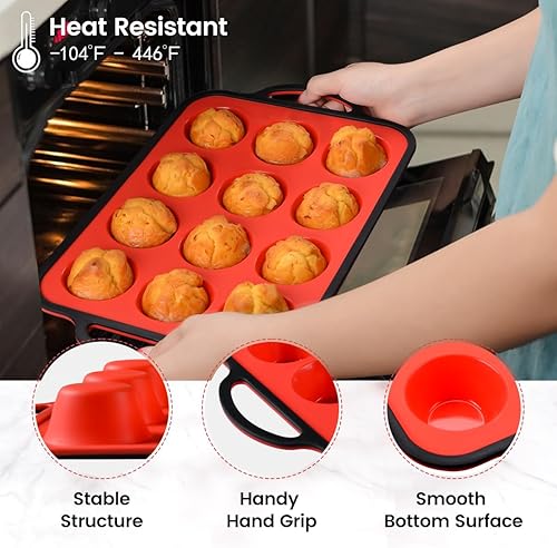 Miniatura 4 de CAKETIME Molde de silicona para magdalenas, marco reforzado de metal, pequeño molde de silicona para magdalenas, fácil de manejar, 12 tazas
