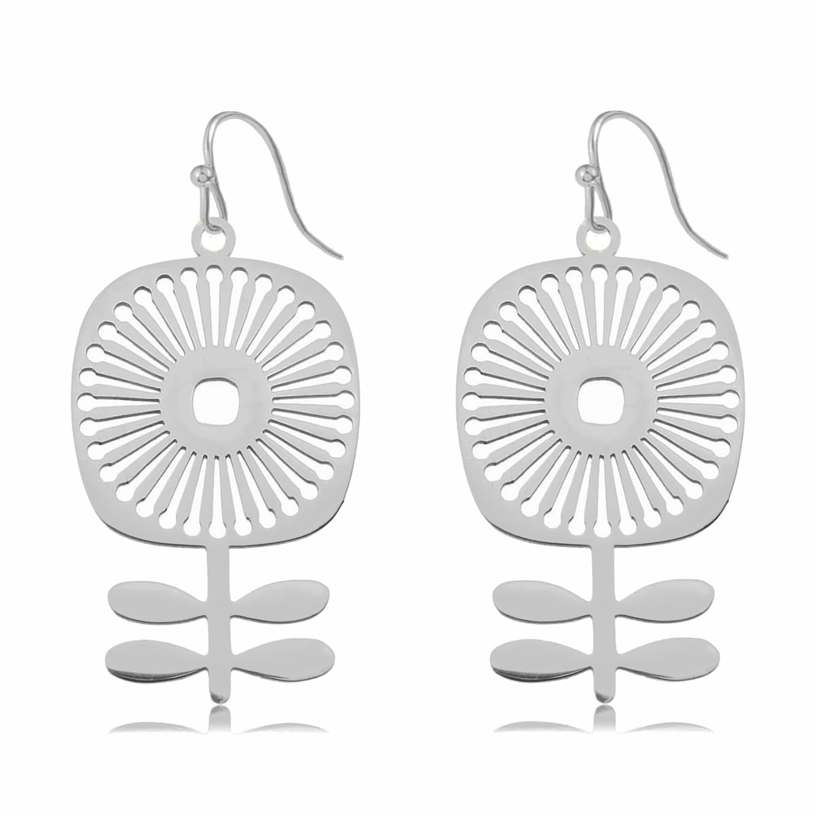 Moon Phase Earrings for Women, Silver Boho Earrings, Lunar Cycle Witchy Earrings, Scandinavian Flower Long Bar Earrings