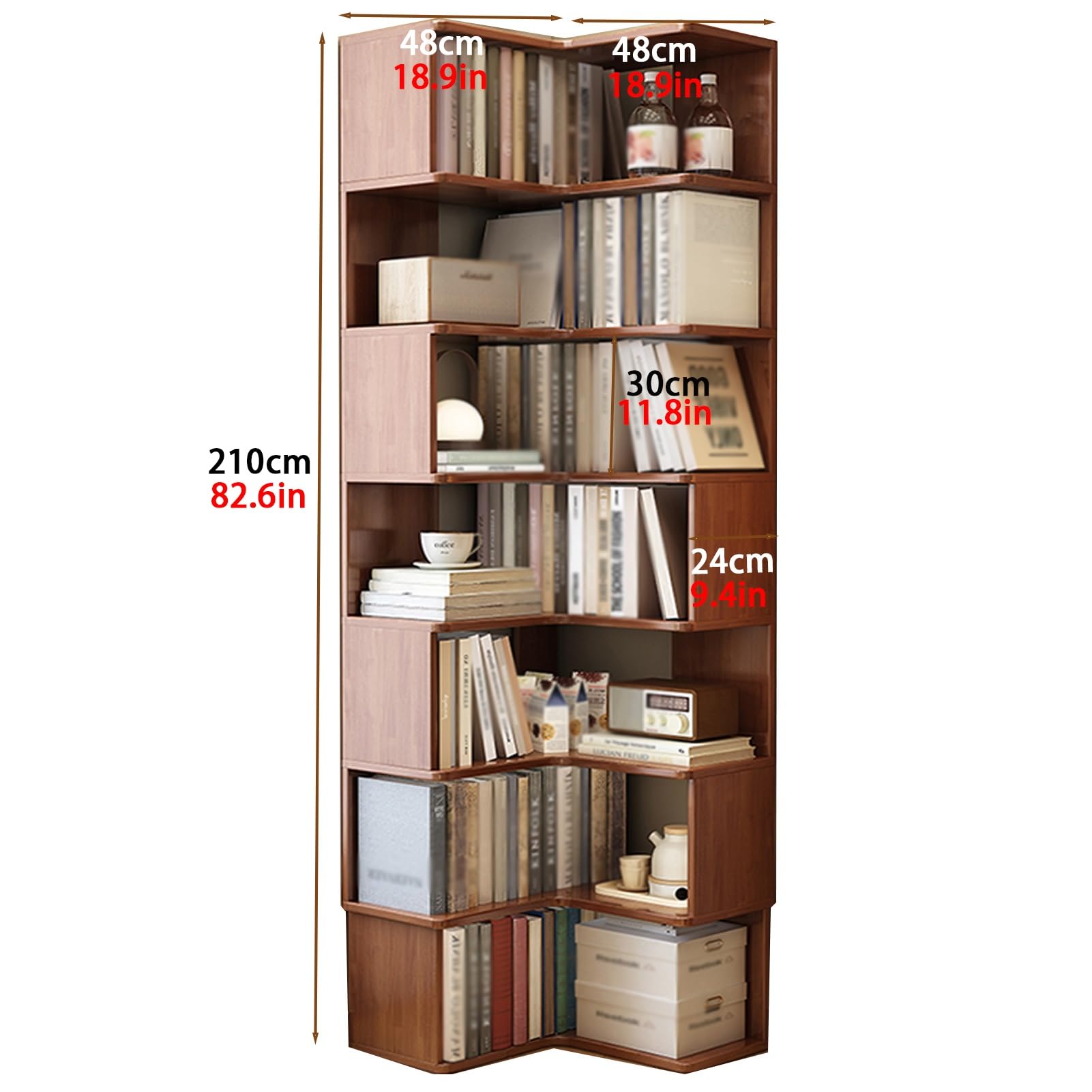 Libreria angolare a forma di L, mensola angolare con ripiani aperti, scaffale per piante, organizer ideale per bagno (210 cm)