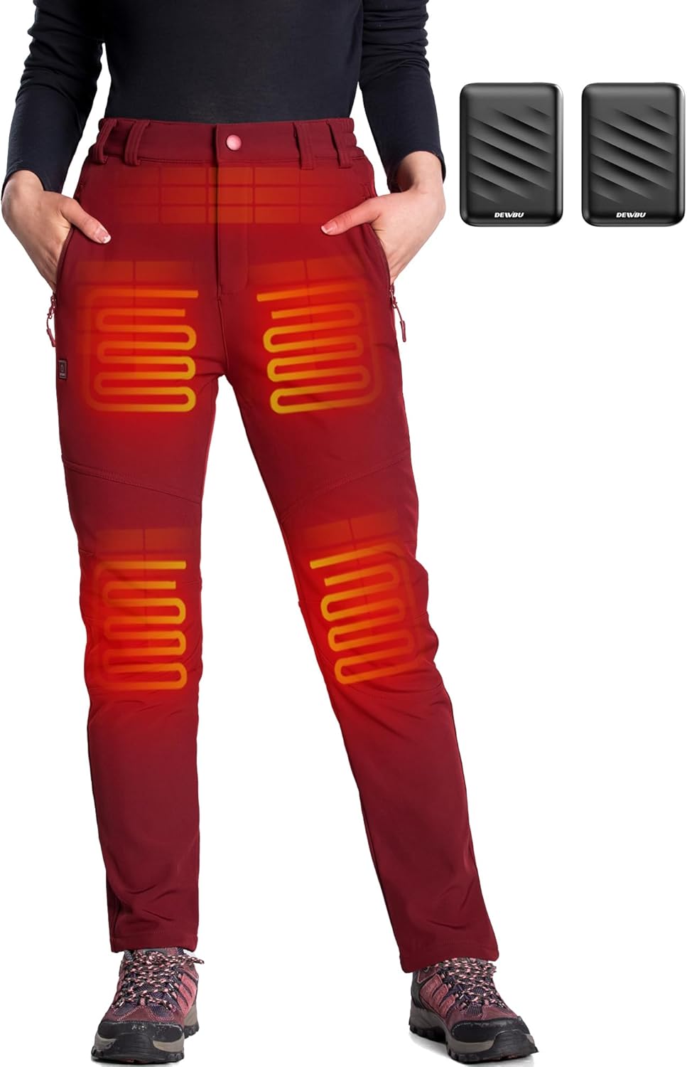 DEWBU Women's Heated Pants (Red, M) with Extra 12V Battery Pack