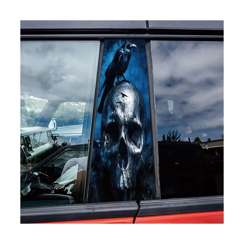 Bertdcx One Color Car Pillar Decals Waterproof Stickers Raven On Skull Glossy Protective Polyethylene Film Auto Parts