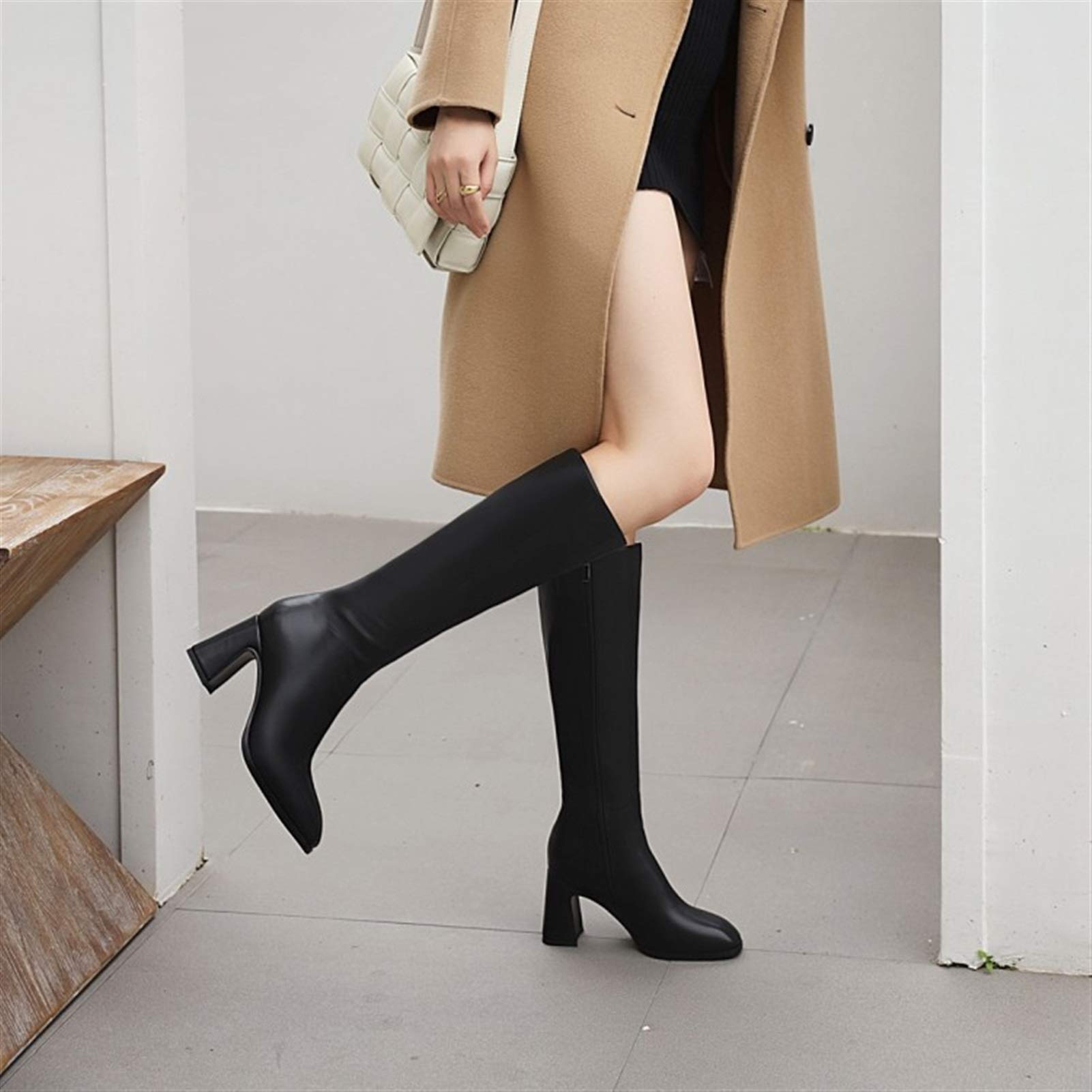 Damskie buty Kozaki damskie do kolan, Kozaki na grubym obcasie, Kozaki damskie na wysokim obcasie z bocznym zamkiem błyskawicznym Kozaki do kolan (Color : Black 2 Thin Fleece inside, Size : 36 EU)