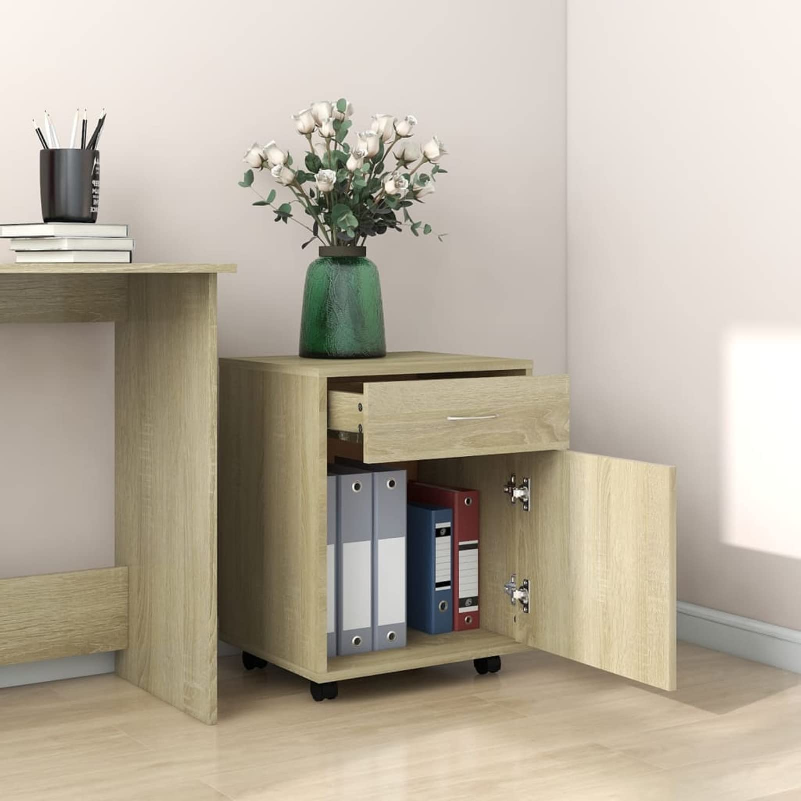 Armadietto con Ruote Rovere Sonoma 45x38x54cm Legno Multistrato,Carrello Porta Stampante,Mobiletto con Ruote,Supporto per Stampante in Legno,Classificatore per Documenti per Studio,Ufficio