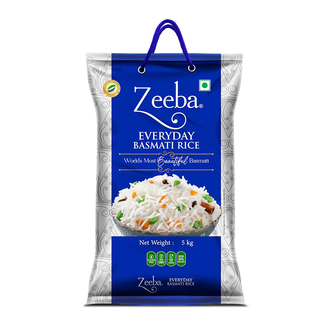 Zeeba Everyday Basmati Rice 5 Kg, Perfect for Everyday Cooking (Cooked length upto 14mm*)