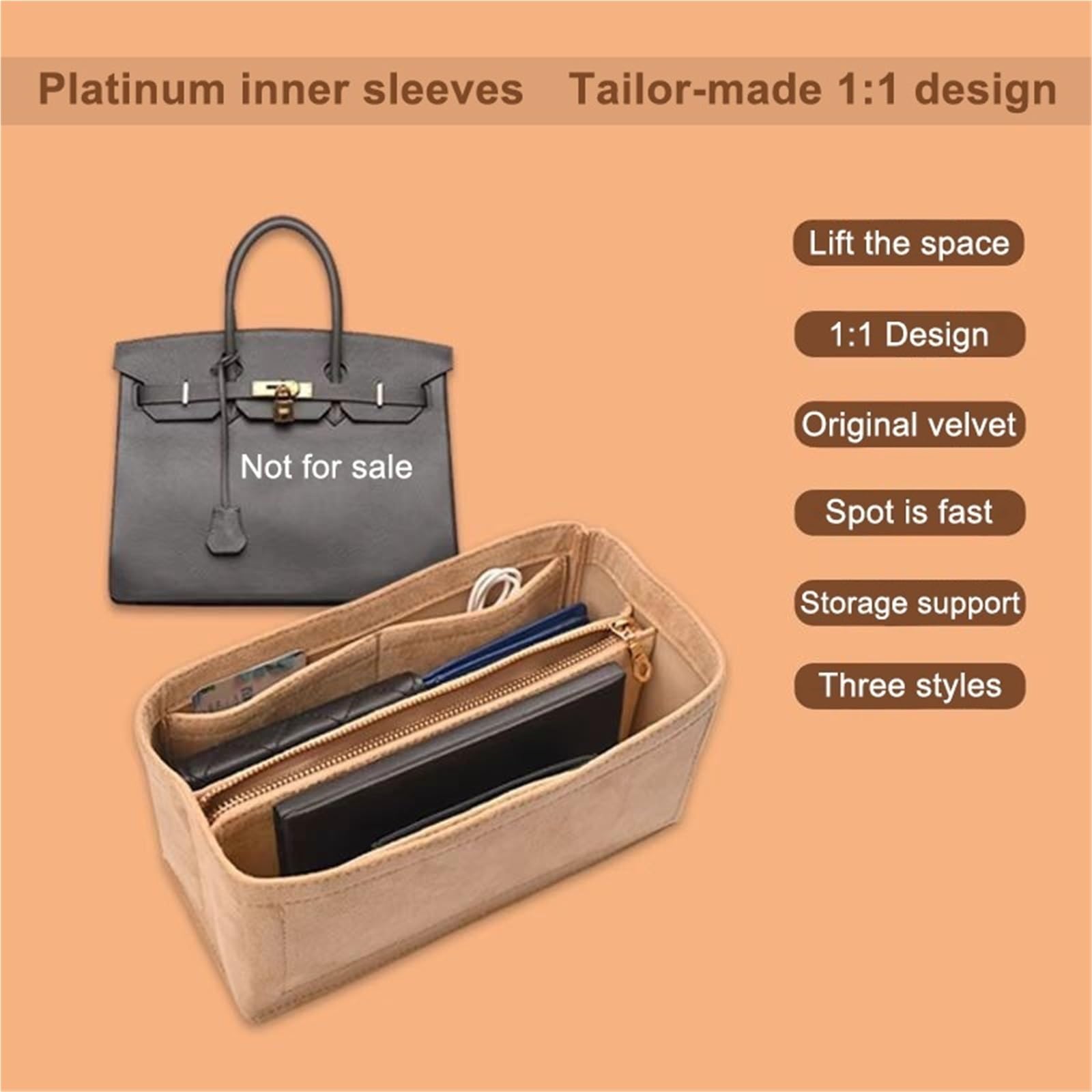 Organizador de bolso de fieltro Inserto organizador de bolsas for 25 30 35 bolsos Material terciopelo soporte cosmético almacenamiento interior(25 grey simple,5 pieces)