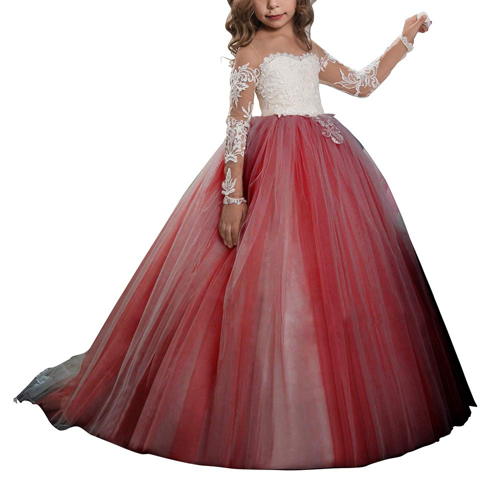 Abaowedding Lace Embroidery Sheer Long Sleeves Kids Trailing Gowns