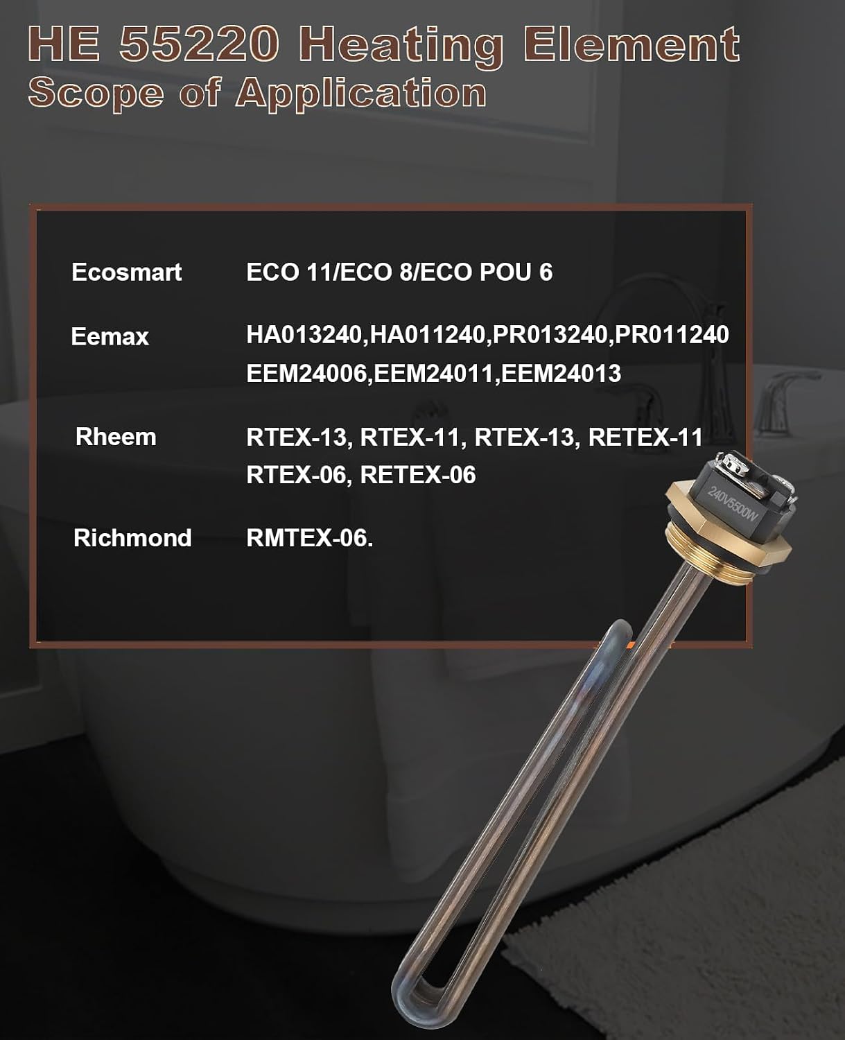 Titanium 2pcs HE 55220 Water Heating Element Replacement for ECO POU 6, ECO 8, ECO 11 Tankless Electric Water Heaters,5.5 kW 220 V or 6 kW 240 V (2 pcs)