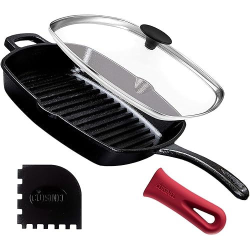 Cuisinel Cast Iron Square Grill Pan + Glass Lid + Pan Scraper + Handle Cover - 10.5" Pre-Seasoned Ridged Skillet - Grill, Stovetop, Fire, Indoor/Outdoor Use - for Grilling, Frying, Sauteing