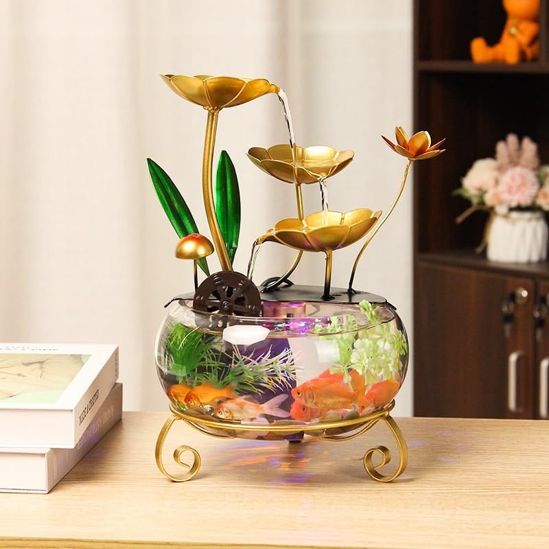 Indoor Tabletop Fountain with Water Wheel, LED Light, Lotus Leaf Decor and Mist Maker – Desktop Zen Fountain for Home Office
