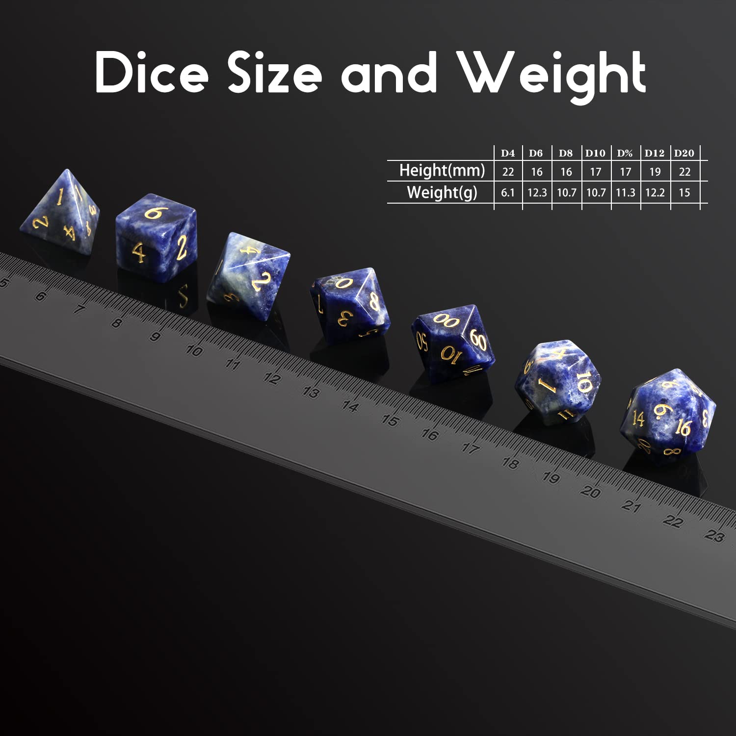 Juego de dados D&D de piedra de vena azul DNDND 7 piezas de piedra natural DND dados con caja de regalo grogeous para juego de mesa de mazmorras y dragón (vena azul)