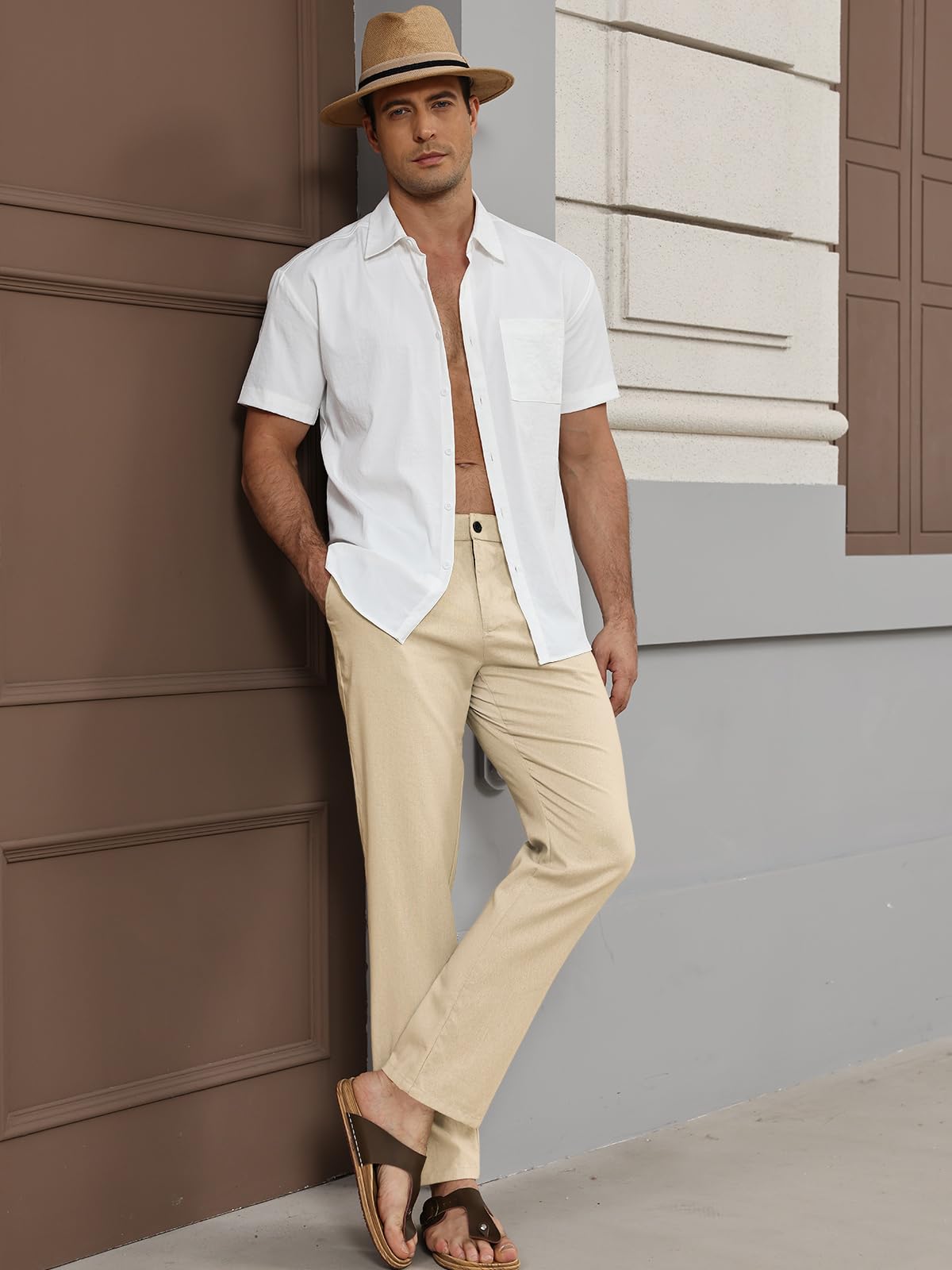 Suwangi Hombre Pantalones de Casuales Pantalones Largos Verano Ligeros Pantalon Lino Mezclar Cintura Elástica con Bolsillos — view 6